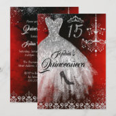 Sparkle Diamond Jurk Rood Zilver Zwart Quinceanera Kaart (Voorkant / Achterkant)