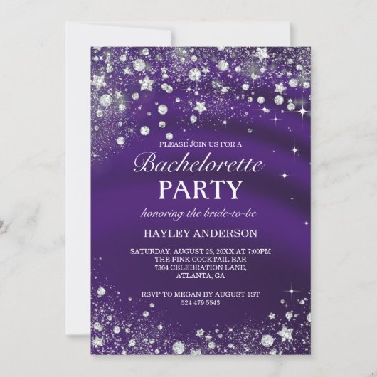 Sparkle Diamond Paars Bachelorette Party Invite Kaart (Voorkant)