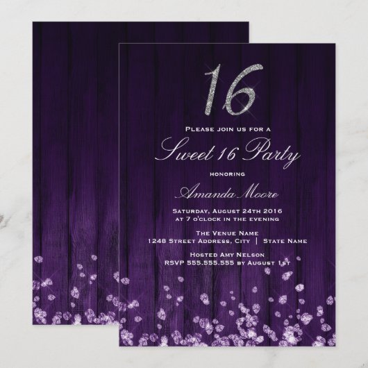 Sparkle Diamond Paarse Silver Sweet 16 Uitnodigen Kaart (Voorkant / Achterkant)