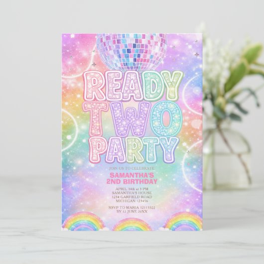 Sparkle Disco Ball Pastel Rainbow Second Birthday  Kaart (Staand voorkant)