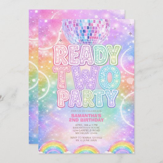Sparkle Disco Ball Pastel Rainbow Second Birthday  Kaart (Voorkant / Achterkant)