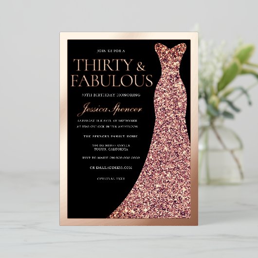 Sparkle Dress 30th Birthday Party Black Rose Gold  Folie Uitnodiging (Staand Voorkant)