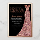 Sparkle Dress 90th Birthday Party Black Rose Gold  Folie Uitnodiging (Voorkant)