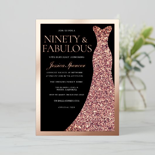 Sparkle Dress 90th Birthday Party Black Rose Gold Folie Uitnodiging (Staand Voorkant)