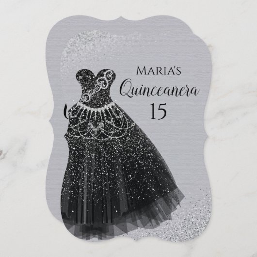 Sparkle Dress Black Silver Quinceañera-uitnodiging Kaart (Voorkant / Achterkant)