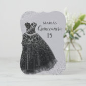 Sparkle Dress Black Silver Quinceañera-uitnodiging Kaart (Staand voorkant)