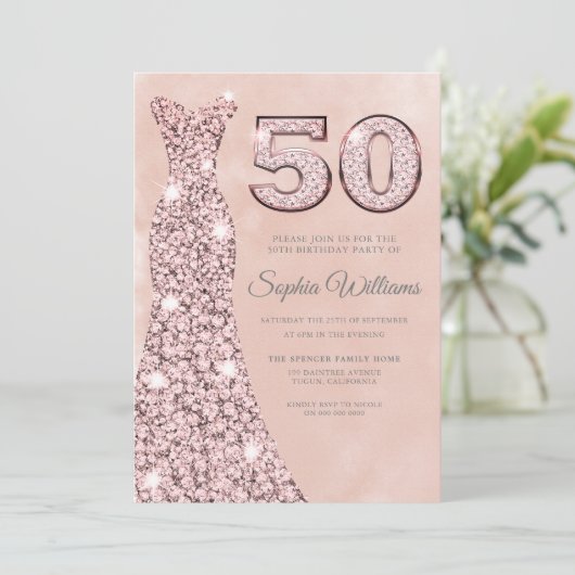 Sparkle Dress met Blush Waterverf 50th Birthday Kaart (Staand voorkant)