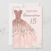 Sparkle Dress Pink Rose Gold Quinceanera Invite Kaart (Voorkant)