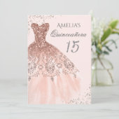 Sparkle Dress Pink Rose Gold Quinceanera Invite Kaart (Staand voorkant)