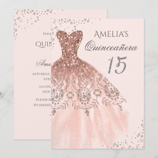Sparkle Dress Pink Rose Gold Quinceanera Invite Kaart (Voorkant / Achterkant)