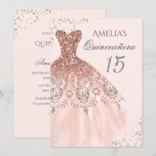 Sparkle Dress Pink Rose Gold Quinceanera Invite Kaart