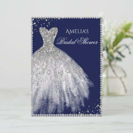 Sparkle Dress Silver Navy Bridal Shower Uitnodigin Kaart (Staand voorkant)