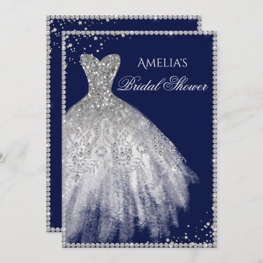 Sparkle Dress Silver Navy Bridal Shower Uitnodigin Kaart (Voorkant / Achterkant)