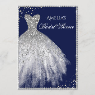 Sparkle Dress Silver Navy Bridal Shower Uitnodigin Kaart