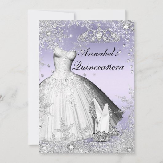 Sparkle Dress & Tiara Paars Quinceanera Invite Kaart (Voorkant)