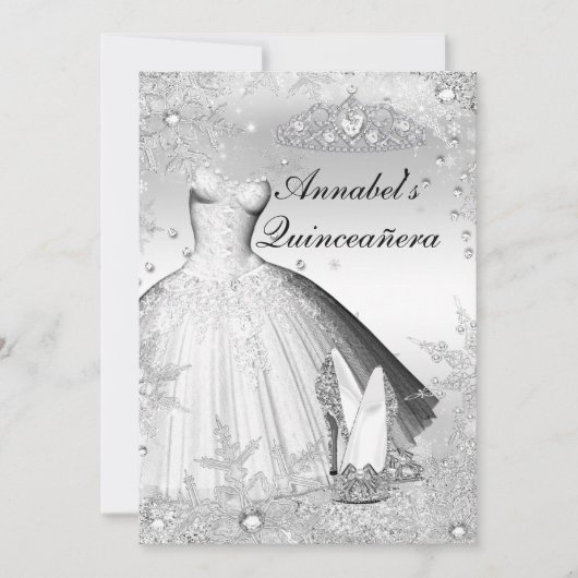 Sparkle Dress & Tiara Silver Quinceanera Invite Kaart (Voorkant)