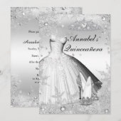 Sparkle Dress & Tiara Silver Quinceanera Invite Kaart (Voorkant / Achterkant)
