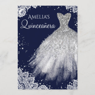 Sparkle Dress White Lace Navy Quinceanera Invite Kaart