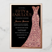 Sparkle Dress Womans 50th Birthday Black Rose Gold Folie Uitnodiging (Voorkant)