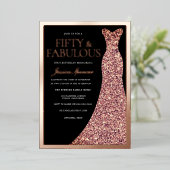 Sparkle Dress Womans 50th Birthday Black Rose Gold Folie Uitnodiging (Staand Voorkant)