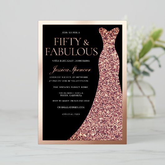 Sparkle Dress Womans 50th Birthday Black Rose Gold Folie Uitnodiging (Staand Voorkant)