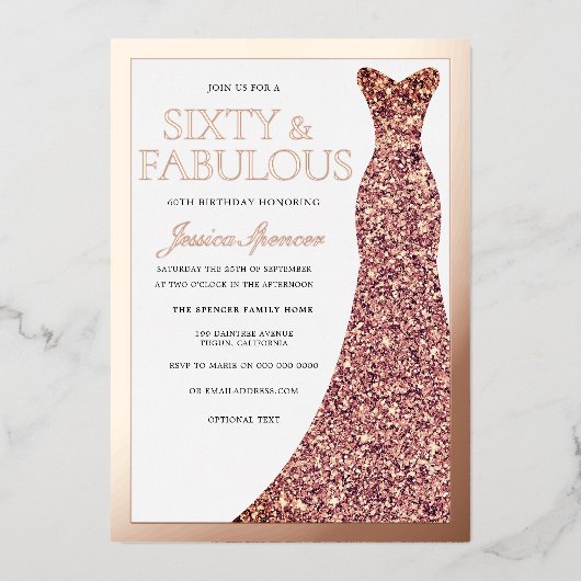 Sparkle Dress Womans 60th Birthday Party Rose Gold Folie Uitnodiging (Voorkant)