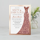 Sparkle Dress Womans 60th Birthday Party Rose Gold Folie Uitnodiging (Staand Voorkant)
