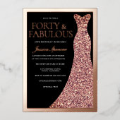 Sparkle Dress Womans Black 40th Birthday Rose Gold Folie Uitnodiging (Voorkant)