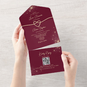 Sparkle Elegant Bourgondië en Gouden Bruiloft All In One Uitnodiging