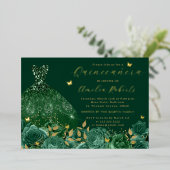 Sparkle Emerald Dress Gold Floral Butterfly Folie Uitnodiging (Staand Voorkant)