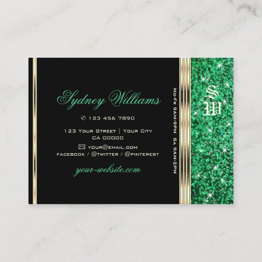 Sparkle Emerald Green Glitter Monogram Goud Zwart Visitekaartje (Achterkant)