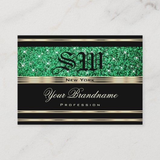 Sparkle Emerald Green Glitter Monogram Goud Zwart Visitekaartje (Voorkant)