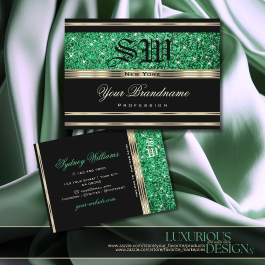 Sparkle Emerald Green Glitter Monogram Goud Zwart Visitekaartje