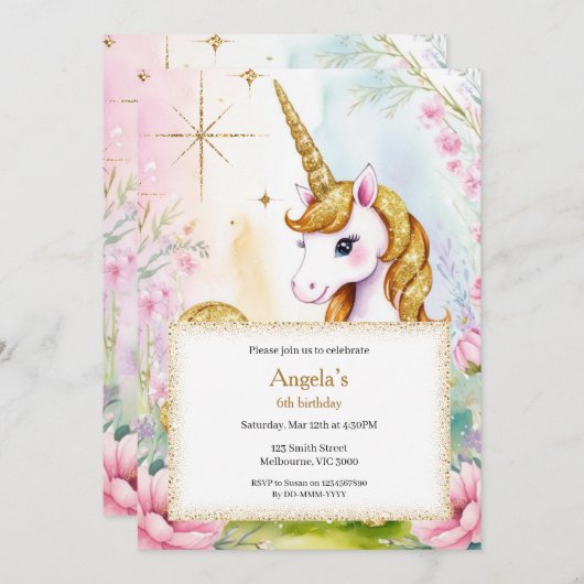 Sparkle en Shine Unicorn Verjaardag Meisjes Kaart (Voorkant / Achterkant)