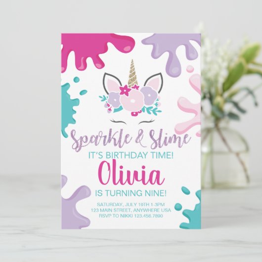 Sparkle en Slime Unicorn Slime Verjaardag Uitnodig Kaart (Staand voorkant)