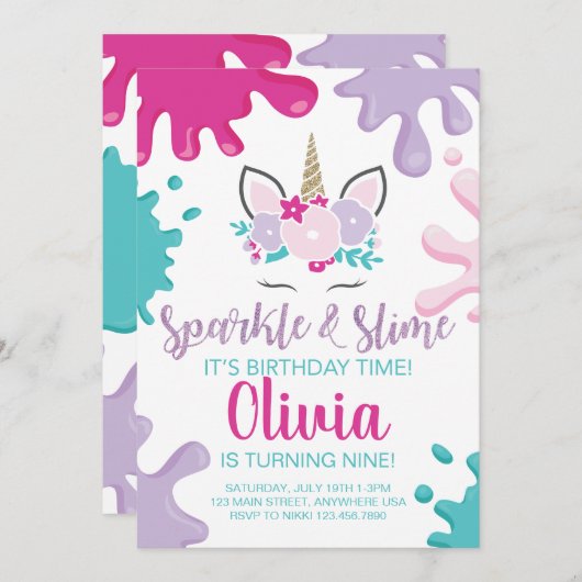 Sparkle en Slime Unicorn Slime Verjaardag Uitnodig Kaart (Voorkant / Achterkant)