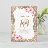 Sparkle faux Gold glitter en floral 10th jarig Kaart (Staand voorkant)