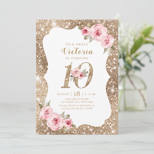 Sparkle faux Gold glitter en floral 10th jarig Kaart (Staand voorkant)