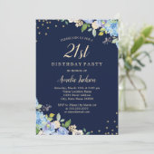 Sparkle Floral Blue 21st Verjaardagsfeest Kaart (Staand voorkant)