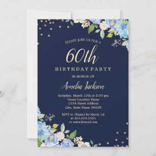 Sparkle Floral Blue 60th Birthday Party Kaart