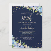 Sparkle Floral Blue 90th Birthday Party Kaart (Voorkant)