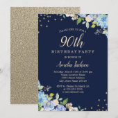 Sparkle Floral Blue 90th Birthday Party Kaart (Voorkant / Achterkant)