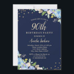 Sparkle Floral Blue 90th Birthday Party Kaart<br><div class="desc">griepvaccinaties in de Little Bayleigh Store.</div>
