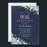 Sparkle Floral Blue 90th Birthday Party Kaart<br><div class="desc">griepvaccinaties in de Little Bayleigh Store.</div>