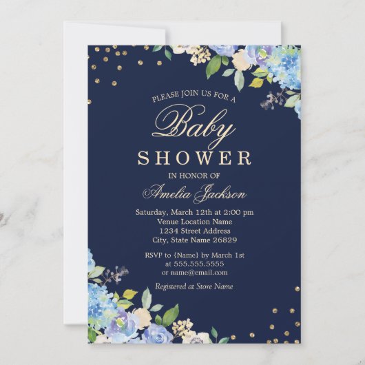Sparkle Floral Blue Gold Boy Baby shower Kaart (Voorkant)
