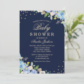 Sparkle Floral Blue Gold Boy Baby shower Kaart (Staand voorkant)