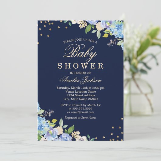 Sparkle Floral Blue Gold Boy Baby shower Kaart (Staand voorkant)