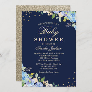 Sparkle Floral Blue Gold Boy Baby shower Kaart
