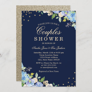 Sparkle Floral Blue Gold Couples Showuitnodiging Kaart