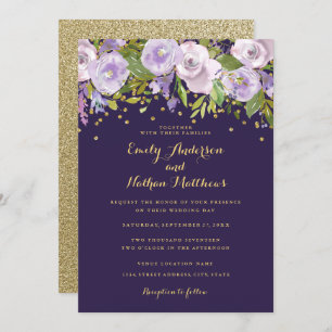 Sparkle Floral Gold Paarse bruiloft uitnodiging